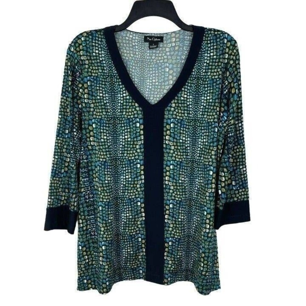 Nue Options Women Tunic Top Size L V-Neck 3/4 Sleeve Green Blue Snakeskin Print
